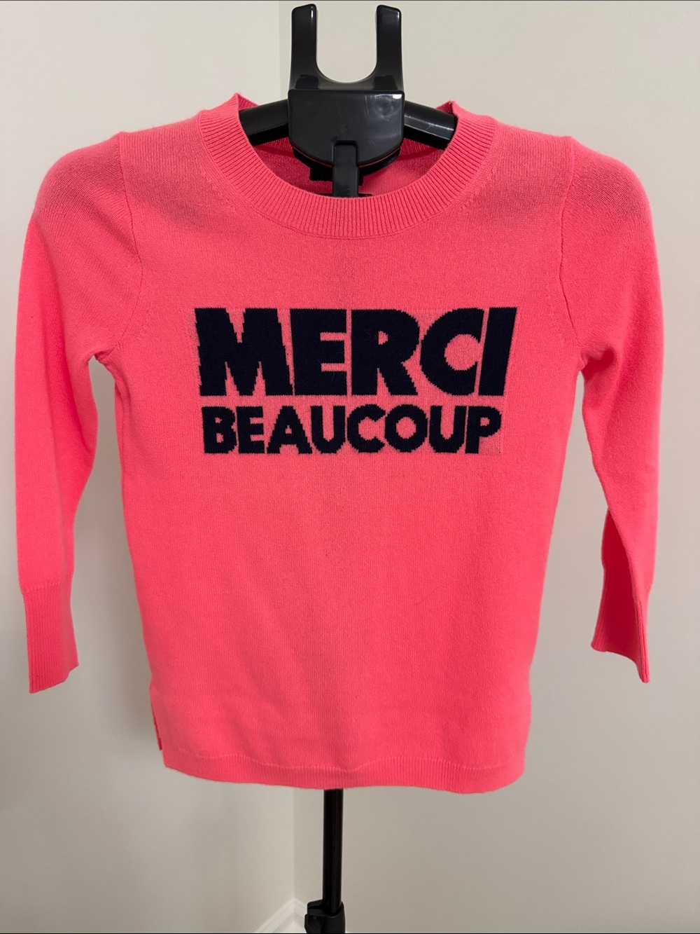 J. Crew Neon Pink Cashmere Sweater with Navy Text